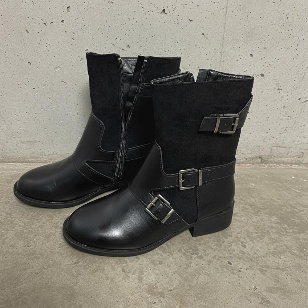 Black Leather Biker Boots Stiletto Ankle Buckle Femme Fatale Cyber Y2K